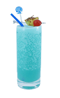The Blue Hawaiian drink is made from white rum, blue curacao and coconut cream, and served in a highball glass.