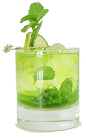 The Midori Melon Mojito is made from Midori, light rum, mint leaves, lime and club soda, and served in an old-fashioned glass.