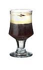 The American Coffee drink is made from bourbon, brown sugar, hot coffee and whipped cream, and served in a white wine or irish coffee glass.