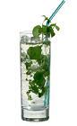 The Mojito drink is made from white rum, club soda, mint, lime and sugar syrup, and served in a highball glass.