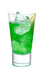 Aqua Thunder - The Aqua Thunder drink is made from Midori melon liqueur, blue curacao, banana liqueur, lemon juice and club soda, and served in a highball glass.