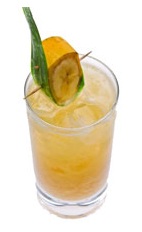 Banana Caipirinha - The Banana Caipirinha drink is made from Leblon Cachaca, banana liqueur, coconut water, pineapple juice, lime juice, banana and lychee syrup, and served in an old-fashioned glass.