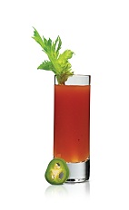 Hot Bloody Shot - The Hot Bloody Shot is made from Stoli Hot jalapeno vodka and bloody mary mix, and served in a chilled shot glass.
