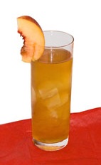 Georgia Peach Fizz - The Georgia Peach Fizz is made from Brandy, Peach Brandy, fresh lemon juice, Creme de Bananes, sugar syrup and club soda, and served in a chilled collins glass.