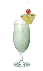 Midori Colada - The Midori Colada drink is made from Midori melon liqueur, rum, coconut milk, pineapple juice and lemon juice, and served in a parfait glass.