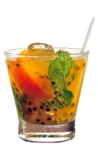 Priprioca Caipirinha - The Priprioca Caipirinha drink is made from cachaca, priprioca syrup (an Amazonian root), passionfruit, mint and lemon, and served in an old-fashioned glass.