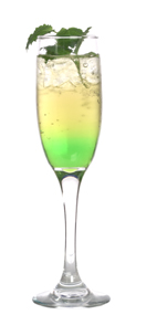 Absolut Green Wedding - The Absolut Green Wedding drink is made from Absolut vodka, Midori melon liqueur, Roses lime and champagne, and served in a champagne flute.