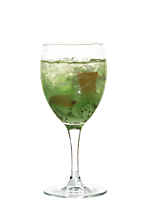 Kiwi Crush - The Kiwi Crush drink is made from gin, Sourz Apple, kiwi and apple syrup, and served in a wine glass.