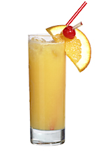 Room Service - The Room Service drink is made from white rum, cognac, pineapple juice, orange juice and tonic water, and served in a highball glass.