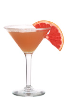 Ruby - The Ruby cocktail is made from lemon vodka and pink grapefruit juice, and served in a cocktail glass.