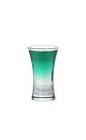 The 69er shot is made from creme de menthe (green) and creme de cacao (white), and served in a shot glass.