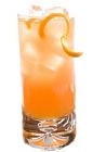 The Bitter Bull drink is made from Leblon Cachaca, Red Bull, Campari and orange juice, and served in a highball glass.