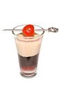 The Cherry Pumpkin Shot is made by layering pumpkin pie cream liqueur and cherry cherry liqueur in a chilled shot glass.