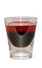 The Demon Coffee shot is made by layering red vodka over Kahlua in a chilled shot glass.