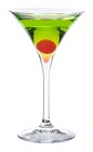 The Midori Emerald Martini is made from Midori Melon Liqueur, SKYY Vodka and fresh lime juice, and served in a cocktail glass.