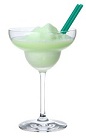 The Frozen Midori Milk cocktail is made from Midori melon liqueur, milk and half-and-half, and served in a chilled margarita glass.