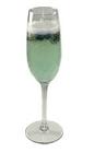 The Hip New Year cocktail is made from Hpnotiq liqueur, champagne and blueberries, and served in a chilled champagne flute.
