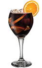 The Kahlua Sangria drink is made from Kahlua coffee liqueur and sangria (red wine, fresh fruit, club soda), and served in a chilled wine glass.