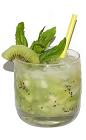 The Kiwi Caipirinha is made from cachaca, kiwi, sugar and ice.