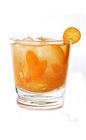 The Kumquat Ginger Caipirinha drink is made from cachaca, kumquat, sugar and grated ginger, and served in an old-fashioned glass.