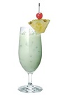 The Midori Colada drink is made from Midori melon liqueur, rum, coconut milk, pineapple juice and lemon juice, and served in a parfait glass.