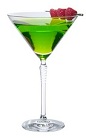 The Midori Cosmopolitan cocktail is made from Midori melon liqueur, citrus vodka, cranberry juice and lemon juice, and served in a chilled cocktail glass.