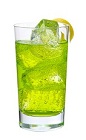 The Midori Rickey drink is made from Midori melon liqueur, club soda and lime, and served in a highball glass.