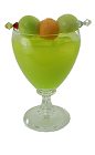 The Midori Melon Ball cocktail is made from Midori Melon Liqueur, SKYY Vodka, and orange, grapefruit or pineapple juice, and served in an old-fashioned glass.