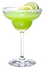 The Midorita drink is made from Midori melon liqueur, silver tequila and sweet and sour mix, and served in a chilled margarita glass.