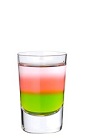 The Passion Killer shot is made from Midori melon liqueur, passionfruit liqueur and silver tequila, and served in a chilled shot glass.