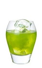 The Randy Little Kiwi drink is made from Midori melon liqueur, vodka, kiwi and sugar, and served in an old-fashioned glass.