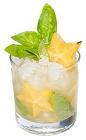 The Starfruit Caipirinha is made from cachaca, starfruit, basil leaves and sugar, and served in an old-fashioned glass.