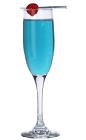The Absolut Blue Souvenir drink is made from vodka (Absolut), Gold Strike liqueur, blue curacao and champagne, and served in a champagne flute.