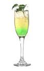 The Absolut Green Wedding drink is made from Absolut vodka, Midori melon liqueur, Roses lime and champagne, and served in a champagne flute.