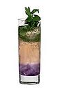 The Absolut Prosperity drink is made from vodka, Parfait Amour, Lychee Liqueur, lime cordial, mint leaves and Schweppes Russian, and served in a highball glass.