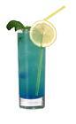 The Blue Job drink is made from gin, blue curacao and grapefruit juice, and served in a highball glass.