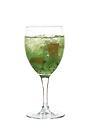 The Kiwi Crush drink is made from gin, Sourz Apple, kiwi and apple syrup, and served in a wine glass.