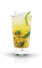 The Lime Passion drink is made from lime vodka, passion fruit syrup, passion fruit, lime wedges and club soda, and served in a highball glass.