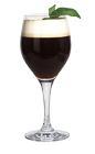 The Mandarine Coffee drink is made from Mandarine Napoleon, hot coffee and cream, and served in a white wine glass.