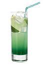 The My Reception Girl drink is made from tequila, green curacao, Roses lime and lemon soda (aka Fanta), and served in a highball glass.