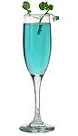 The Ritz Fizz drink is made from amaretto, blue curacao, lemon juice and champagne, and served in a champagne flute.