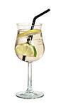 The Spritzer drink is made from white wine and club soda, and served in a white wine glass.
