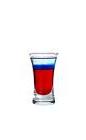 The Bastille Bomb shot is made from grenadine, blue curacao and Cointreau, and served in a shot glass.