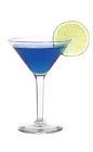The Woman Warrior cocktail is made from vodka, blue curacao and fresh lime juice, and served in a cocktail glass.